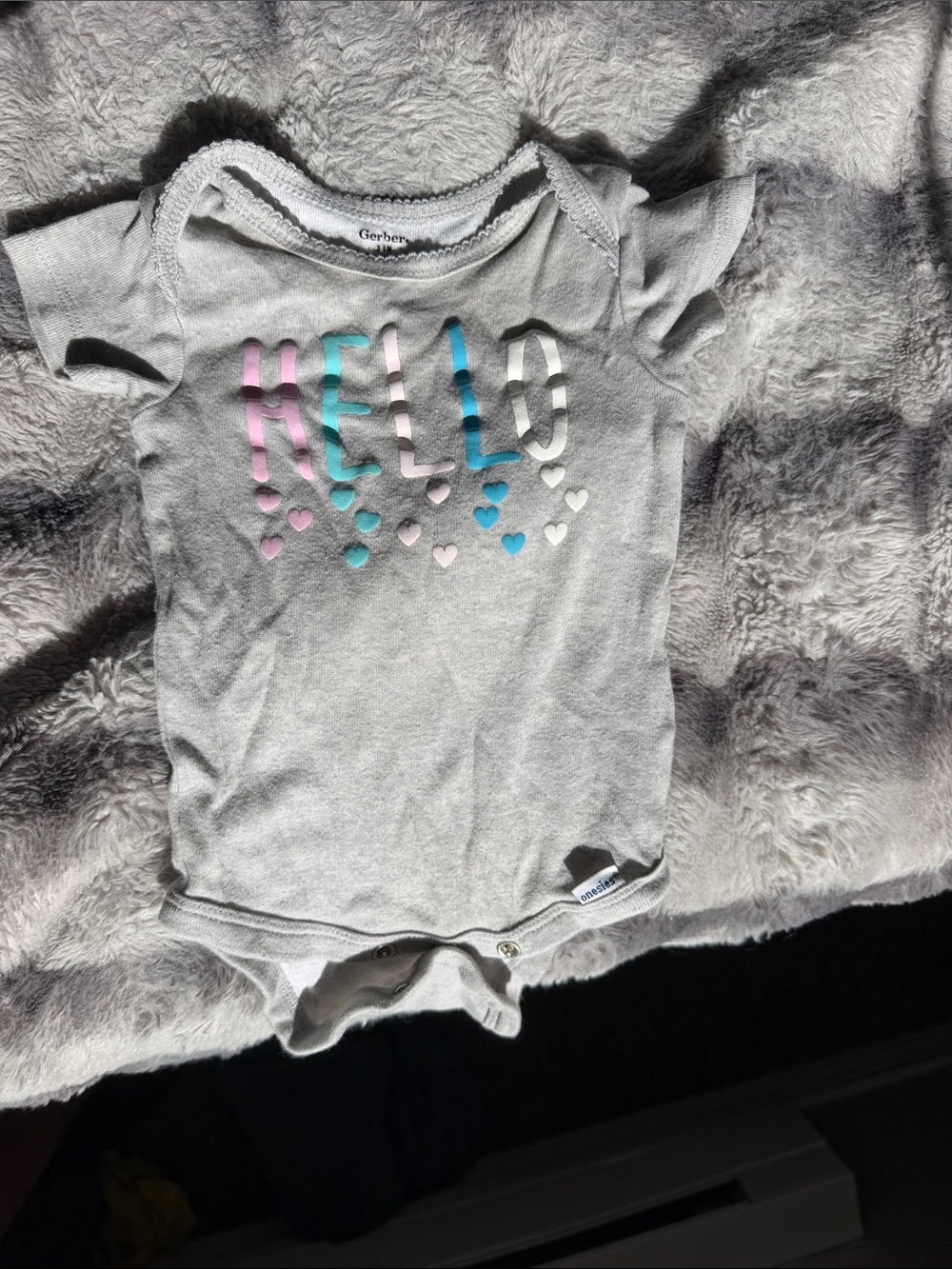 Gerber Gray One-Piece with Pink, Teal, and White "HELLO" Graphic